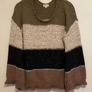 POL Striped Crewneck Sweater in Olive, Cream, Black & Brown